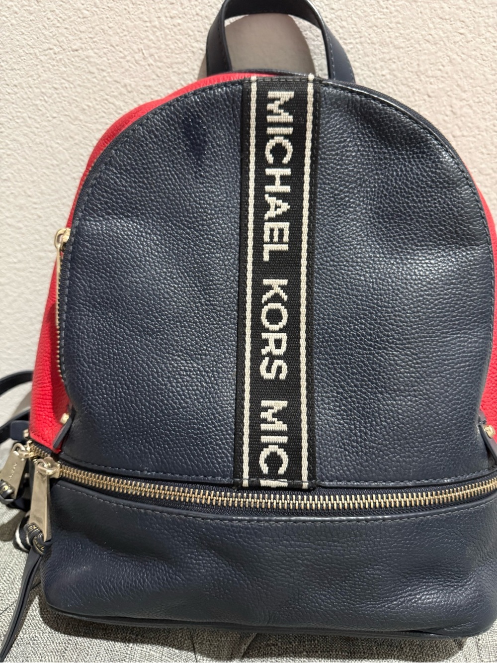 Michael Kors Navy and Red Logo Strap Leather Backpack